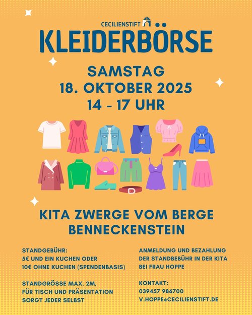 👕👗 Kleiderbörse in der Kita Zwerge vom Berge

Am Samstag, den 18. Oktober 2025 wird von 14 bis 17 Uhr bei uns gestöbert,...
